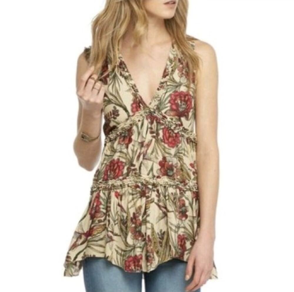 Free People Top  Tan Pink Floral Haze Tiered Tunic Hummingbird Boho